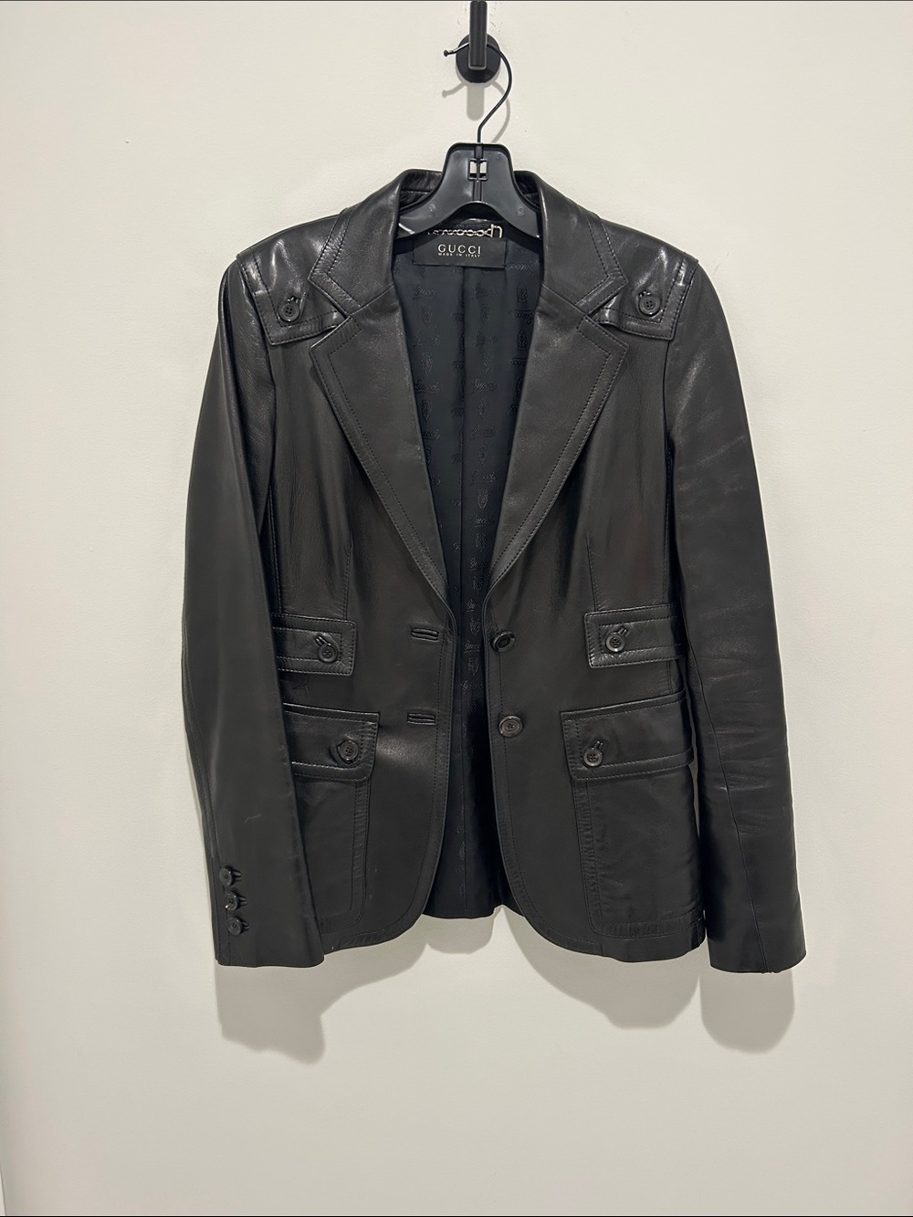Gucci Black Leather Tailored Blazer